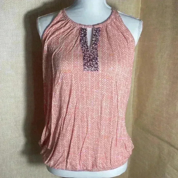 ANN TAYLOR LOFT SEQUIN KEYHOLE TANK IN CORAL AND WHITE SIZE MEDIUM - Picture 1 of 6